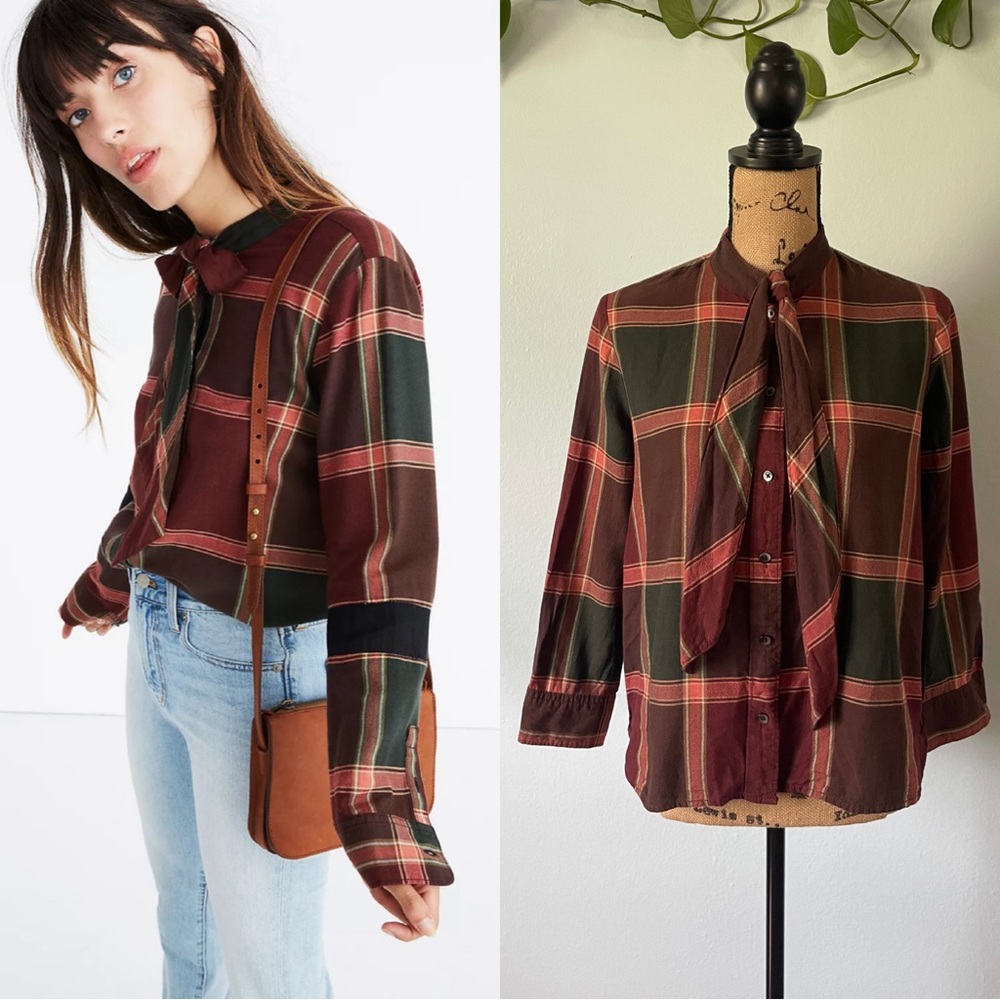 Rare Madewell Plaid Tie-Neck Shirt Size XS
